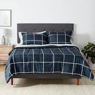 Amazon Basics Full/Queen Comforter Set med ark 5-delt marineblå med grå plaid sengetøj letvægt mikrofiber seng-i-en-taske