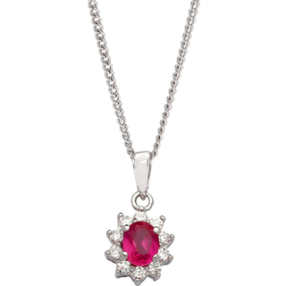 Sølv vedhæng m. zirkonia og synt. pink safir incl. kæde