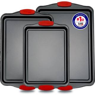 Bakken Cookie Sheets til bagning af nonstick -sæt - 3 -delt stable carbonstål bageplade pander sæt med silikonehåndtag ikke giftige cookie ark ti