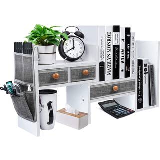 X-Cosrack Wood Expandable Desktop Bookhelf Counter Bogreol Justerbar med skuffer Desktop Hylder Rack Storage Organizer til kontorartikler Makeup