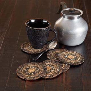 VHC Brands Espresso Coasters Brown Black Tan Jute Blend Round Circle Set med 6 Coasters