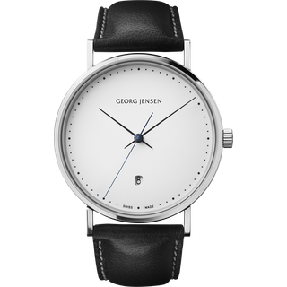 KOPPEL - 41mm, kvarts, hvid urskive, sort læderrem, Georg Jensen, Sort kalveskind / Rustfrit stål