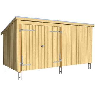 PLUS Nordic havehus i 2 moduler med dobbeltdør og lukket front inkl. tagtap/alulister/stolpefødder, natur/nåletræ - 9,5 m²