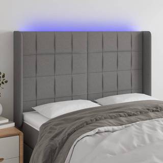 sengegavl med LED-lys 147x16x118/128 cm stof mørkegrå