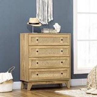 HOMCOM Storage Cabinet, 4-Drawer Unit with Rattan Element for Bedroom, Living Room, 80cm x 35 cmx 95 cm, Wood Effect Aosom UK