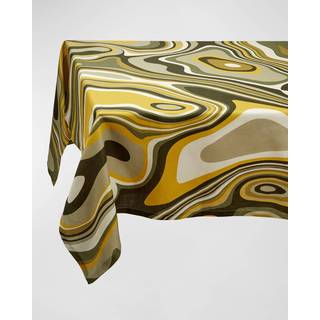 L'Objet Table Linens - 'Linen Sateen Waves' tablecloth, medium, green and yellow in Green Linen
