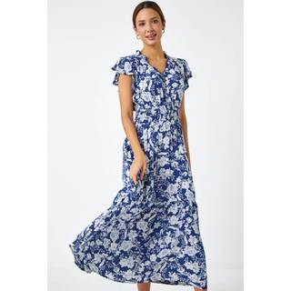 Roman Roman Blue Floral Print Frill Detail Midi Dress