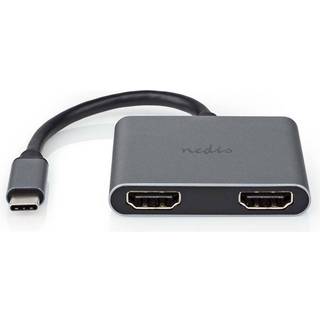 Nedis USB-C™ Adapter | 2-i-1 | USB 3.2 Gen 1 | USB-C™ Han | 2x HDMI™ | 4K@30Hz | 0.10 m | Runde | Nikkelplateret | PVC | Sort | Box