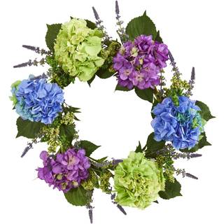 Næsten naturlig 22-in. Hydrangea kunstige kranser blå/lilla/grøn