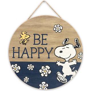 Open road Brands Peanuts Snoopy Be Happy Round Hanging Wood Wall Decor - Fun Snoopy Sign til boligindretning - Fantastisk gaveide