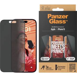 iPhone 15 PanzerGlass Ultra-Wide Fit Privacy EasyAligner Skærmbeskyttelse Hærdet Glas - Sort Kant