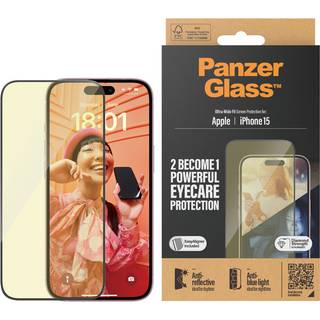 iPhone 15 PanzerGlass Ultra Wide Fit Beskyttelsesglas m. EasyAligner - Anti-Reflective - Anti-Blue Light - Diamond Strength - Gennemsigtig / Sort Kant