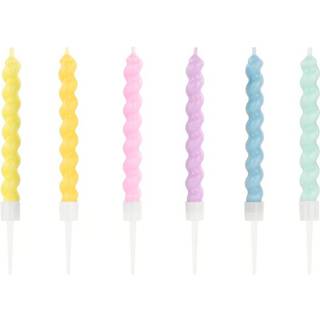 1 pkt. Fødselsdagslys i krøllede pastelfarver inkl. holdere, 8,5 cm, 6 stk. lys