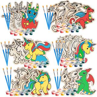 SCS Direct Kids Party Wood Maleri Craft Kits (20ct) -unicorns & Dragons- Hvert kit har sin egen børstemaling og figur- unikke fødselsdagsfest-akt