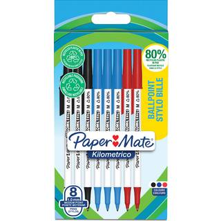 Paper Mate Kilometrico kuglepenne | Lang skrivning med mellempunkt (1,0 mm) | Sort, blå og rødt blæk | 80% genanvendt plast | 8 Stk