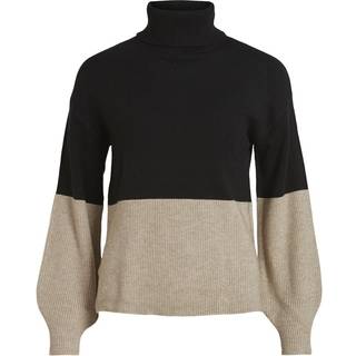 VILA Ril Blocking Roll-NK L/S Knit Top Black/Beige XL