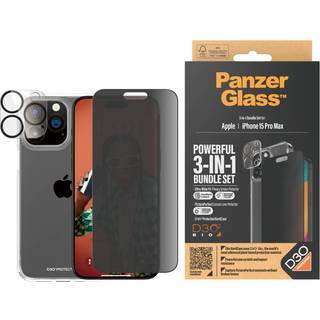 iPhone 15 Pro Max PanzerGlass 3-i-1 Bundle m. EasyAligner - Privacy Skærmbeskyttelse (UWF) / Bagsidecover / Kamerabeskyttelse - Gennemsigtig / Sort