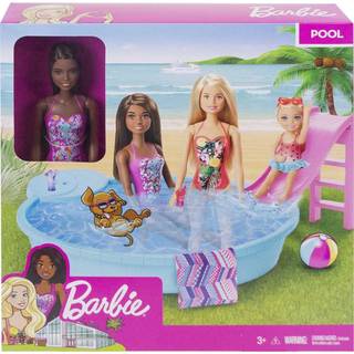 Barbie dukke og pool leges?t med lyser?d glidedikdrik tilbeh?r og h?ndkl?de brunette dukke i blomster badedragt