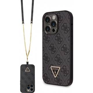iPhone 15 Pro Max Guess 4G Strass Triangle Metal Logo Cover med Crossbody Rem - Sort