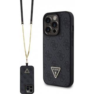iPhone 15 Pro Guess 4G Strass Triangle Metal Logo Cover med Crossbody Rem - Sort