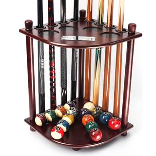 GSE Billiards Hjørneformet Gulv Cue-Stativ i Massivt Træ, Rummer 8 cue-stænger + komplet sæt bolde, Øverst 4 poengtællere og 4 kopphuller