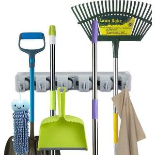 Forhauz Broom Holder med 5 holderpositioner og 6 kroge Easy Wall Mount Storage til organisering af garage eller skab