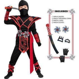 Spooktacular Creations Halloween Ninja Costume Kids Black Red Ninja Dragon Costume Set Boys Halloween Outfit til Dressup and Rollespil Party (Med