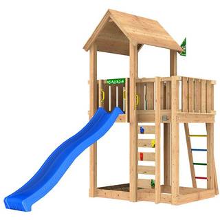 Jungle Gym Mansion 2.1 legetårn med blå rutsjebane og 120 kg sand