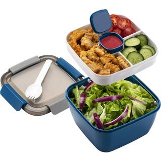 Freshmage salat frokostcontainer til at gå 52 oz salatskåle med 3 rum Salatdressinger Container til salattoppings snacks mænd kvinder (blå)