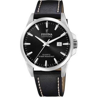 Festina - SWISS MADE Herreur i stål m sort læder rem og skive