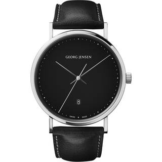 KOPPEL - 41 mm, kvarts, sort urskive, sort læderrem, Georg Jensen, Sort kalveskind / Rustfrit stål