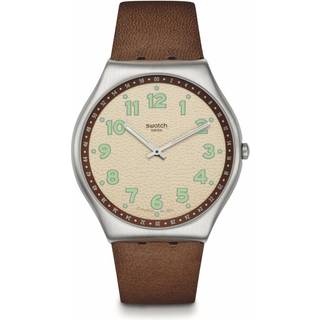 Swatch Tabby Hepcat Brown Leather Strap Beige Dial Steel Case Unisex Watch SS07S135