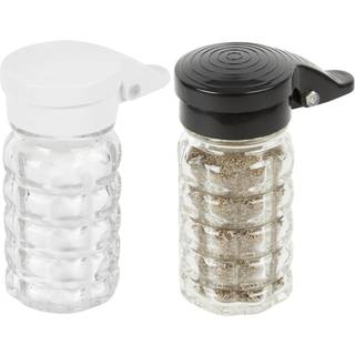 Tablecraft 1,5 oz fugtbestandige glas salt- og peberbøsser med sorte og hvide ABS-låg – hængslede låg