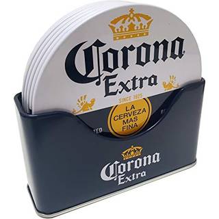 Corona 6-delt coaster-sæt med stående metalholder – hvid og blå, 4-tommers korkbagside underlag