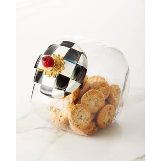 Mackenzie-Childs Cookie Jar med emalje Låg Large Glass Treat Jar eller Kitchen Jar 1-Gallon Kapacitet Black-White Courtly Check