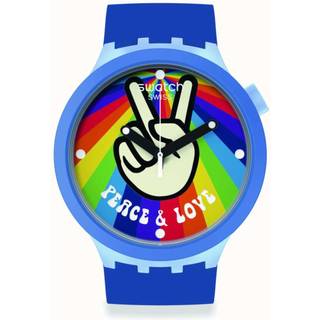 Swatch Big Bold Bioceramic Peace Hand Love Quartz White Dial Blue Silicone Strap Unisex Watch SB03N105