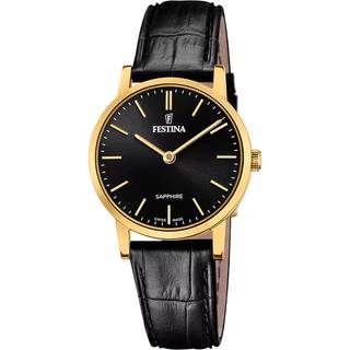 Festina Swiss Made herreur i guldfarvet med sort skive og sort læderrem