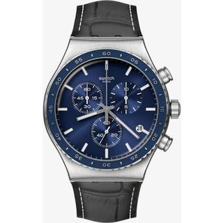 Swatch Cobalt Lagoon Chronograph Quartz Blue Dial Black Leather Strap Unisex Watch YVS496