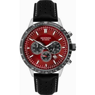 Sekonda Chronograph Quartz Red Dial Black Leather Strap Men's Watch 1938