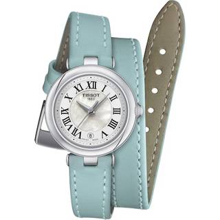 Tissot Bellissima dameur i stål med perlemor, dobbelt blå læderrem, håndled 12-14 cm