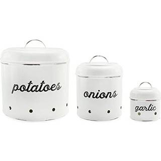 Auldhome kartofler l?g og hvidl?gsbeholder s?t; Rustik hvid emalje -vegetabilsk opbevaringscontainere
