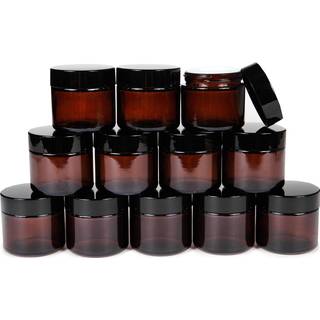 Vivaplex 12 Amber 2 oz runde glasskrukker med indre foringer og sorte l?g