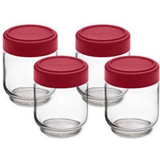 Cuisipro krukker med låg 6 oz glas krukker med lufttæt låg bred mund 4 pakke konservesglas til flydende glasbeholder til yoghurt krydderier rød
