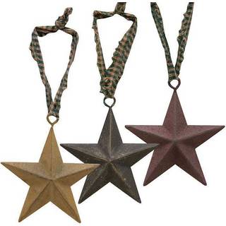 12 Primitive Barn Star ornamenter | Rustikt land juletræ Americana Patriotic Metal Ornamenter | 3,25 tommer | 3 farver med ginghambøjler