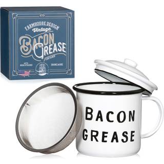 Bacon Grease Saver med sil - Rustik Mid -Century Modern Farmhouse Design Hvid emalje p? metal 4 tommer x 4 tommer vintage emalje med l?g (sort)