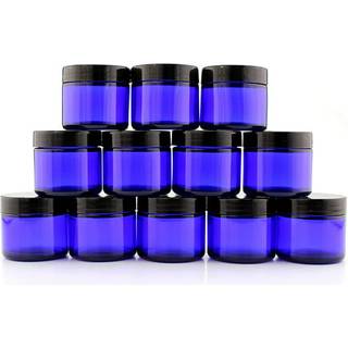 Cornucopia 2oz koboltbl?t glas kosmetiske krukker (12-pakke); Lige sidede krukker m/sort plastiske foret l?g til balsamer kosmetikcremer og mere