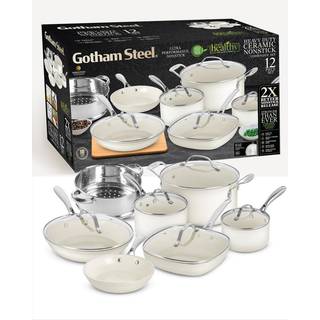 Gotham Steel 12 PC Ceramic Cookware Set Nonstick Pots and Pander Set non stick til køkken med stegepande sauce pan gryder og pander til madlavnin