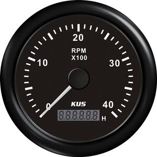 Omdrejningstæller &amp; timetæller til påhængsmotor / benzinmotor KUS, dugfri, Ø85 mm, 12 V / 24 V, generator, sort, 0 - 4000 rpm