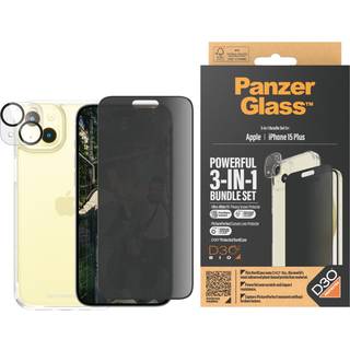 iPhone 15 Plus PanzerGlass 3-i-1 Bundle m. EasyAligner - Privacy Skærmbeskyttelse (UWF) / Bagsidecover / Kamerabeskyttelse - Gennemsigtig / Sort