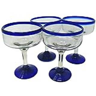 Dos Sueos Mexicansk h?ndbl?st glas - S?t med 4 h?ndbl?st margarita -briller - Cobalt Blue Rim (16 oz)